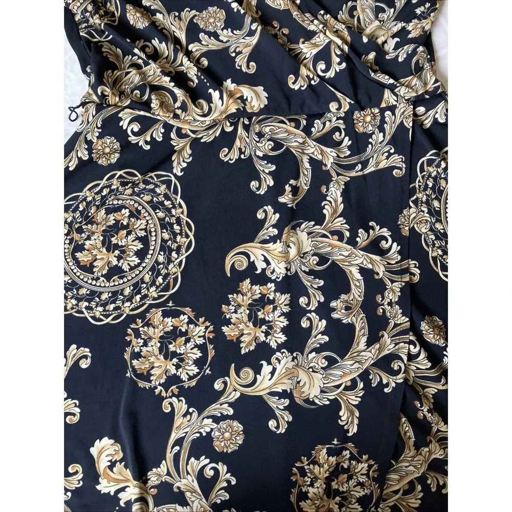 Glam Retro FAUX WRAP DRESS STRETCH Black with Gold Rope Floral Print Old Money - Picture 2 of 5